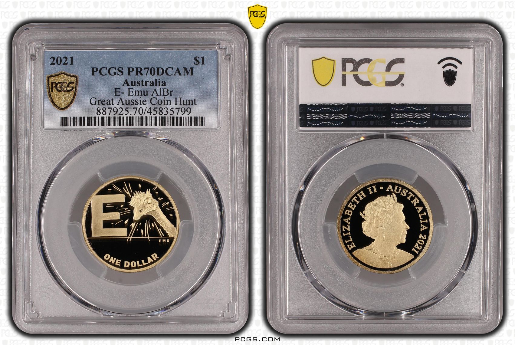 E- Emu AlBr Great Aussie Coin Hunt, One Dollar, 2021, PCGS PR70DCAM