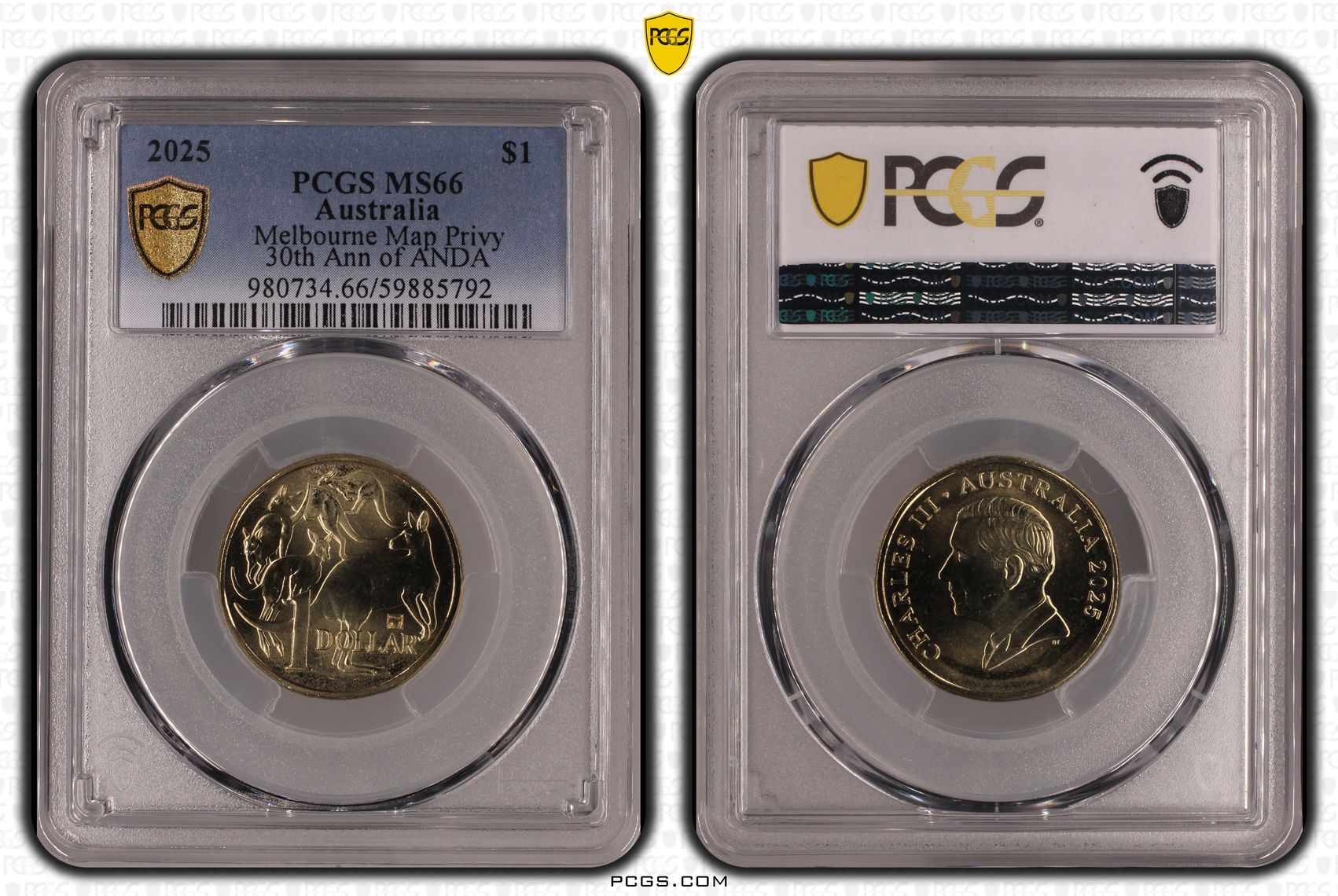 Melbourne Map Privy 30th Ann of ANDA, One Dollar, 2025, PCGS MS66