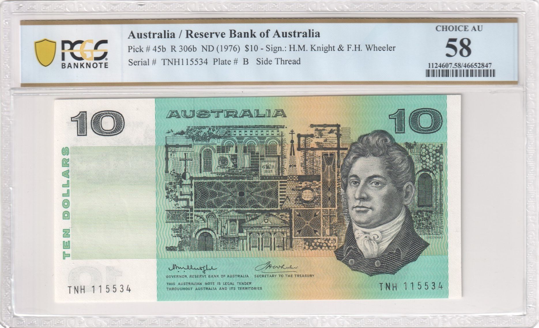 Knight /Wheeler, Side Thread, Ten Dollar, 1976, PCGS Choice AU 58