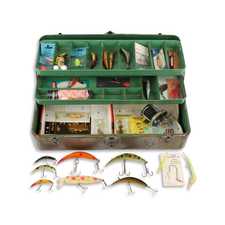 Vintage fishing tackle box with lots of lures and flies. 7d - Lil Dusty  Online Auctions - All Estate Services, LLC