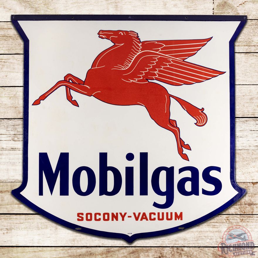 1939 Mobilgas Socony Vacuum Double Sided Porcelain ID Sign w/ Pegasus