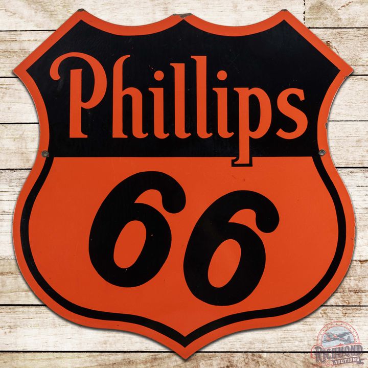 1949 Phillips 66 Motor Oil Die Cut 30" DS Porcelain Shield Sign