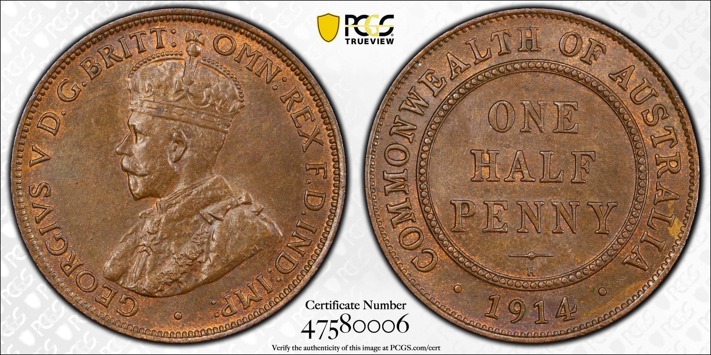 1 · Halfpenny, 1914-H, PCGS MS63BN