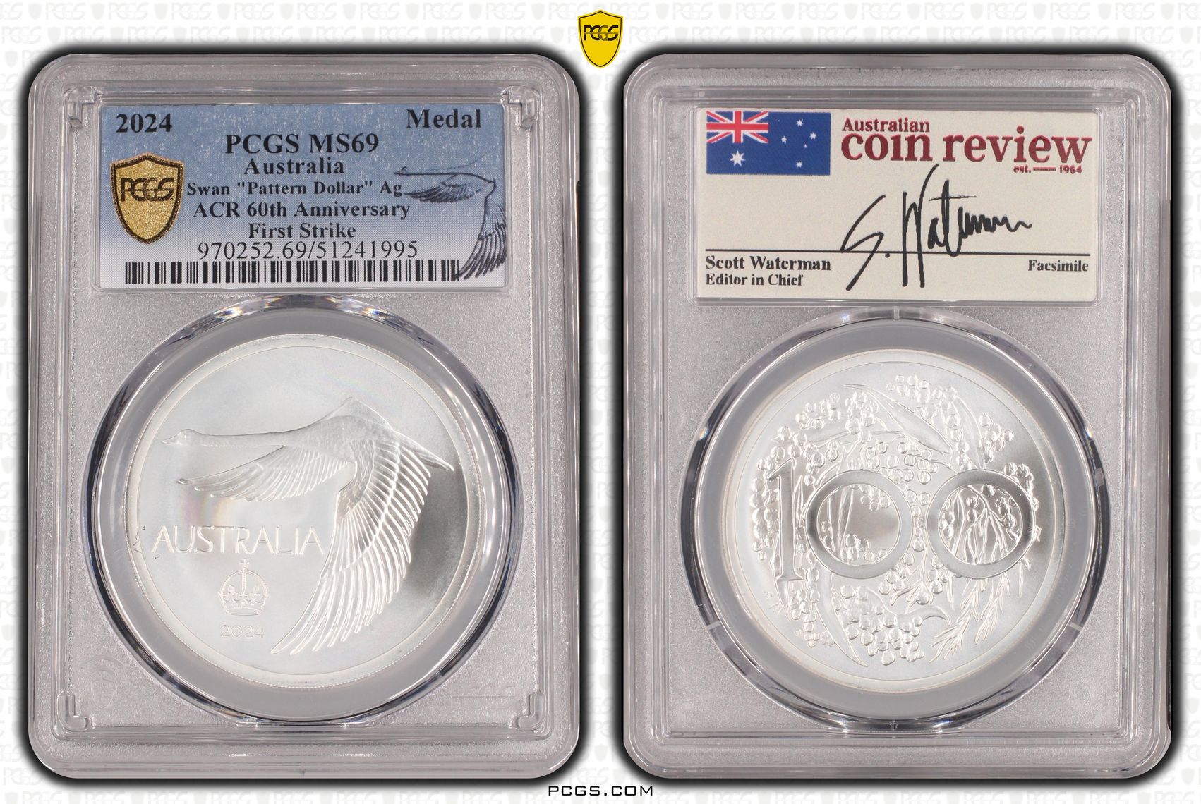 Swan "Pattern Dollar" Ag ACR 60th Anniversary First Strike, Medal, 2024, PCGS MS69