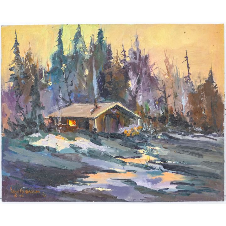 Gene Amondson ''Cabin at Dusk'' 1991 Oil on Masonite 16''x20''