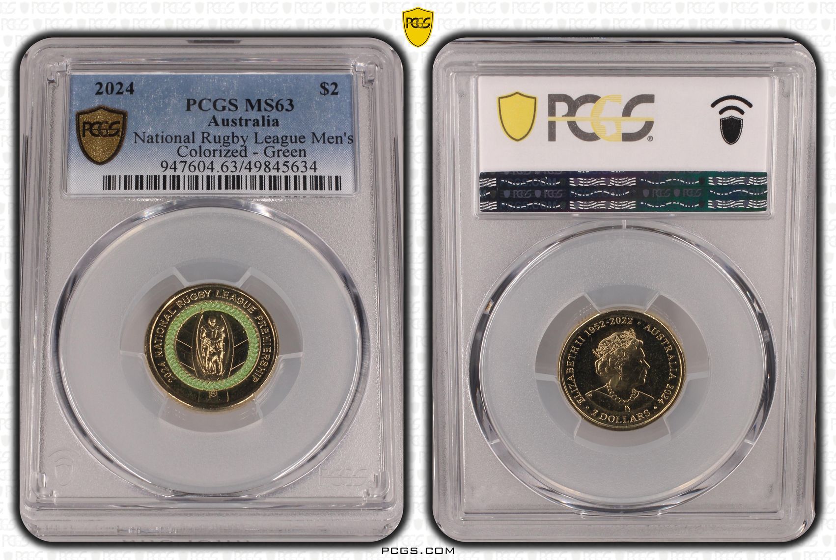 National Rugby League Men's Colorized - Green , Two Dollar, 2024, PCGS MS63