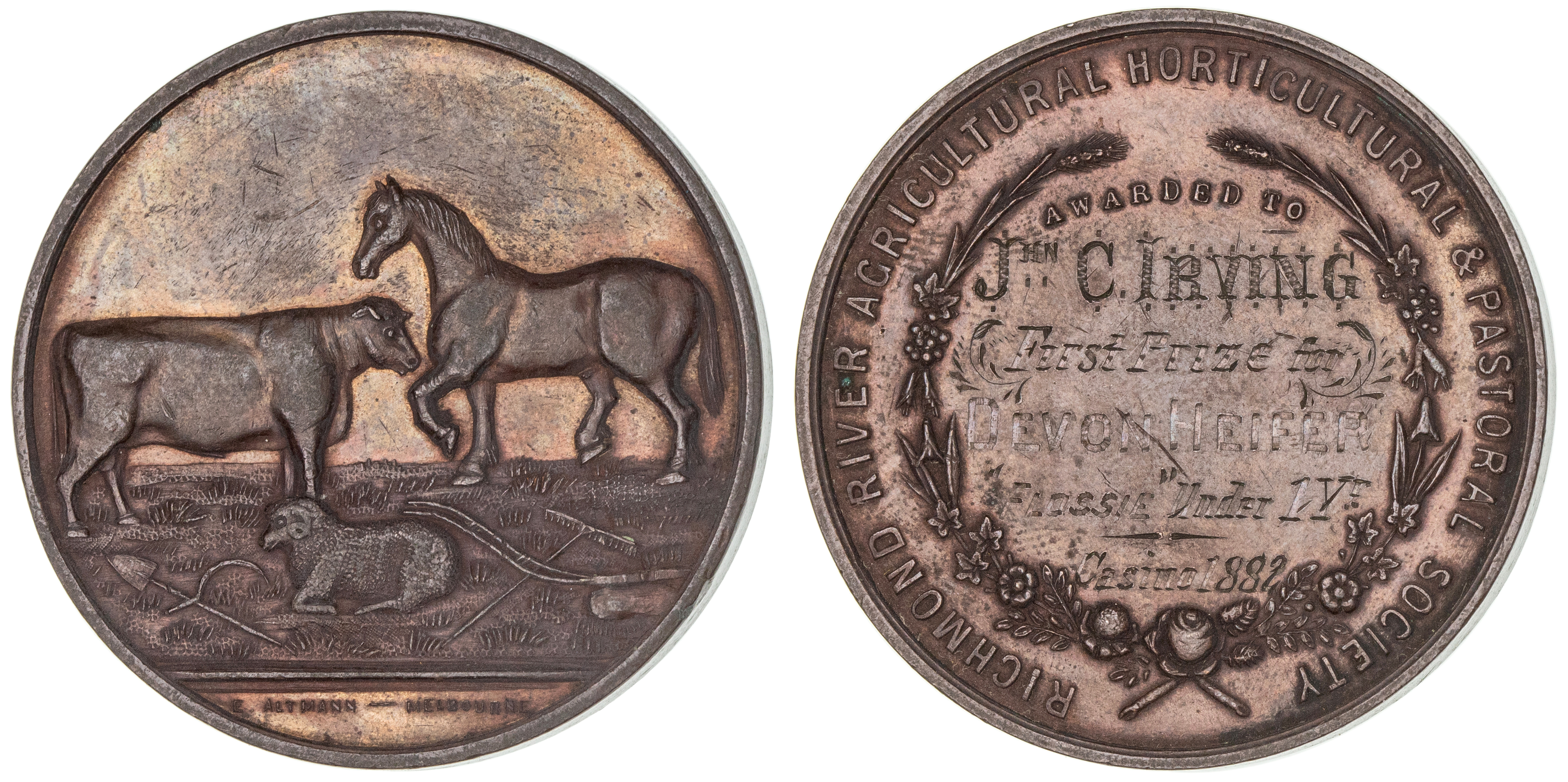 Richmond River A & H Society, NSW, Bronze Prize Medal, 1882, aEF