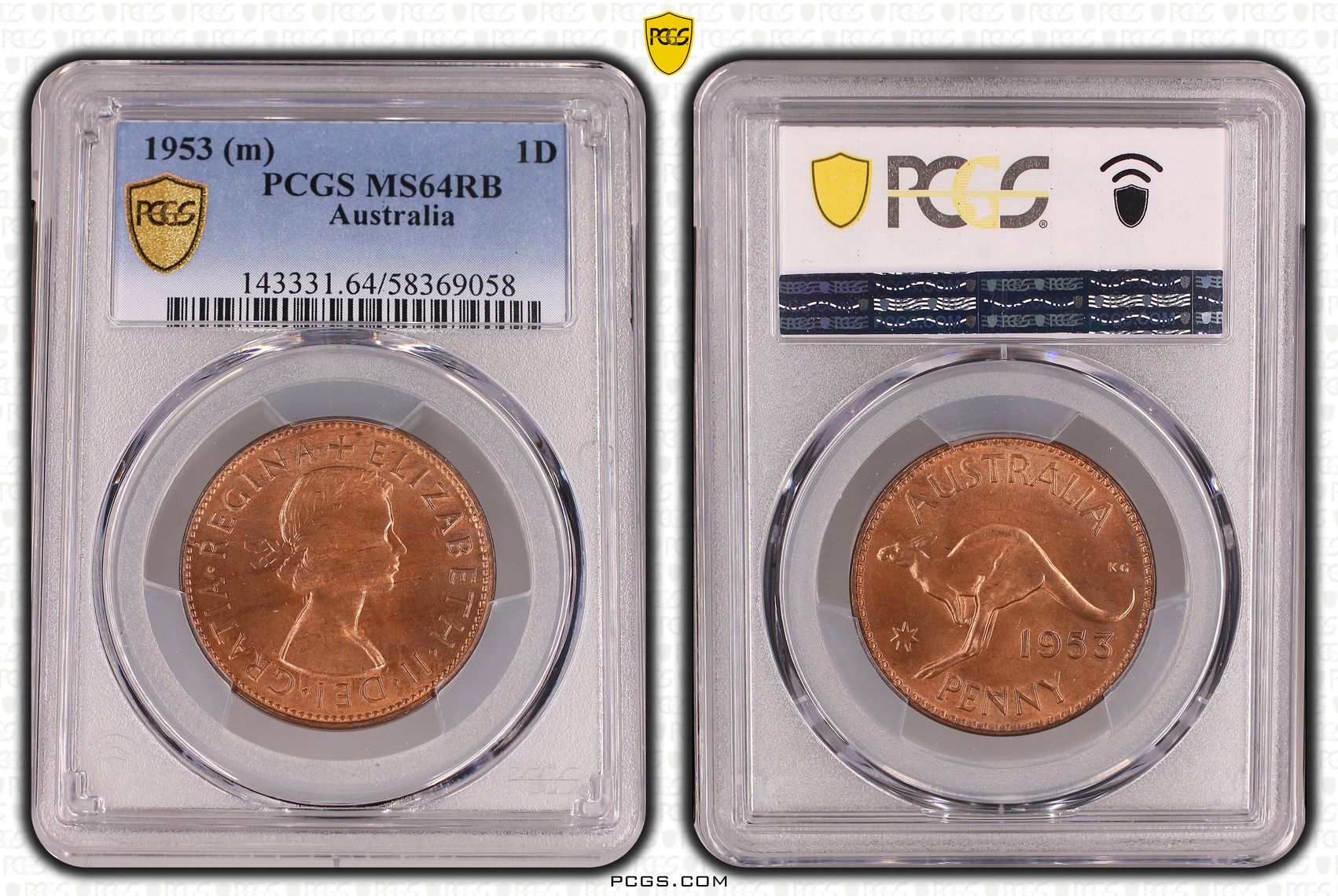 Elizabeth II, Penny, 1953, PCGS MS64RB