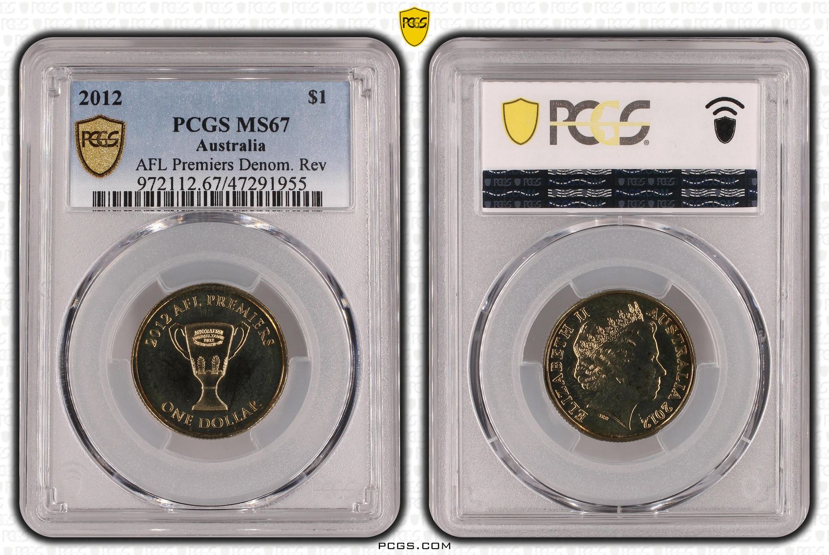 AFL Premiers Denom. Rev, One Dollar, 2012, PCGS MS 67