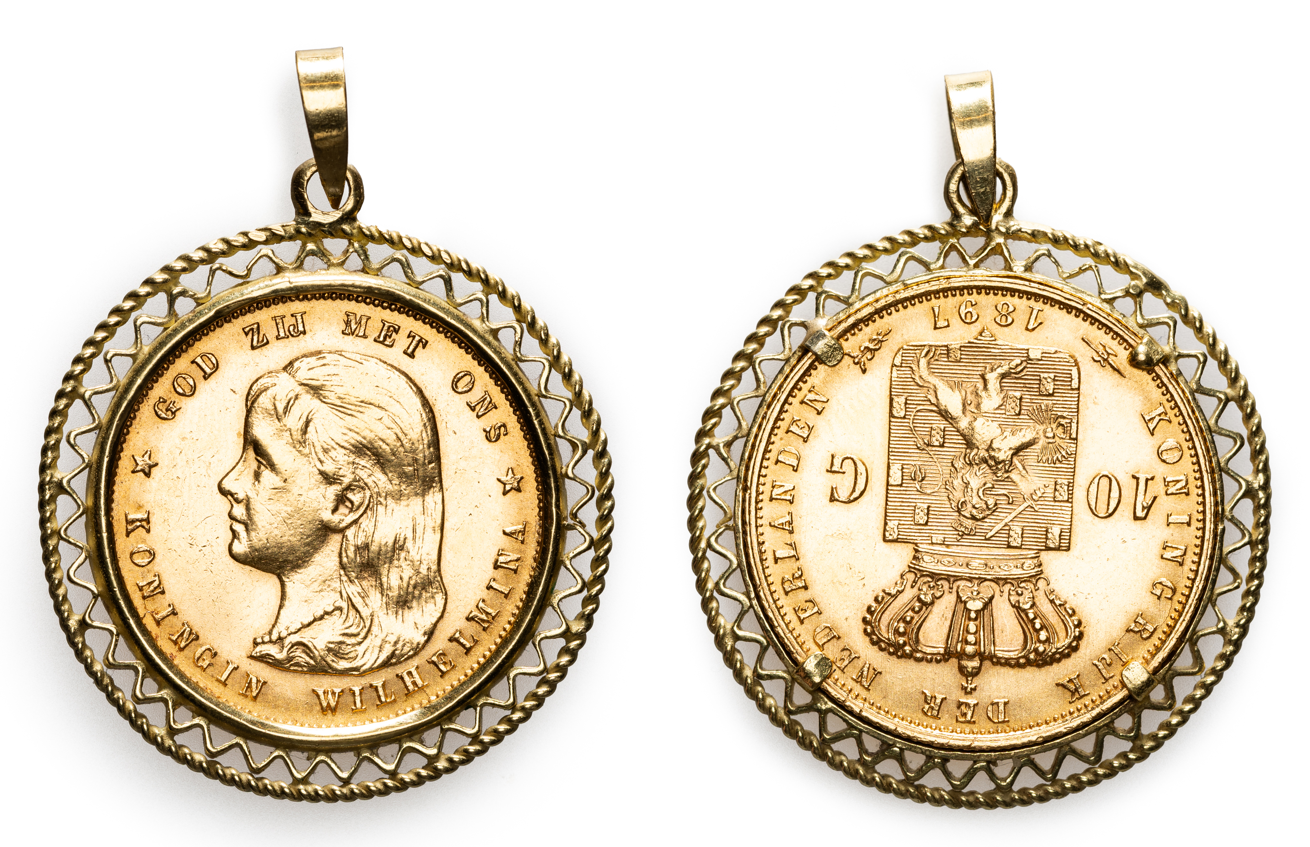 Netherlands, Wilhelmina, Mounted in Pendant Frame, Ten Gulden, 1897, EF - gEF