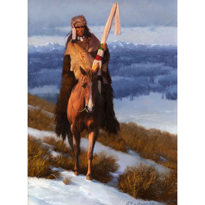 Ken Laager (1953- ), Indian on Horseback in Snow