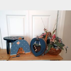 Country Decor Lot - Stool, Chimes, Basket of Flowers, Stand