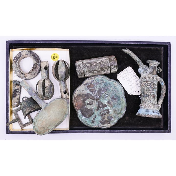Tray 10pc Ancient Asian Bronze Implements- largest 6''