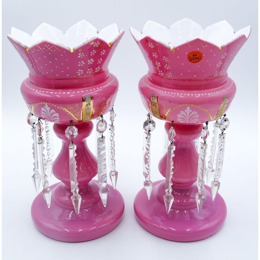 Pair Victorian Pink Bristol Glass Lusters 12.5''