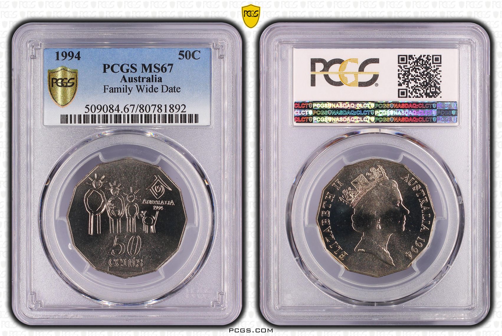 Elizabeth II, Family Wide Date, Fifty Cent, 1994, PCGS MS67