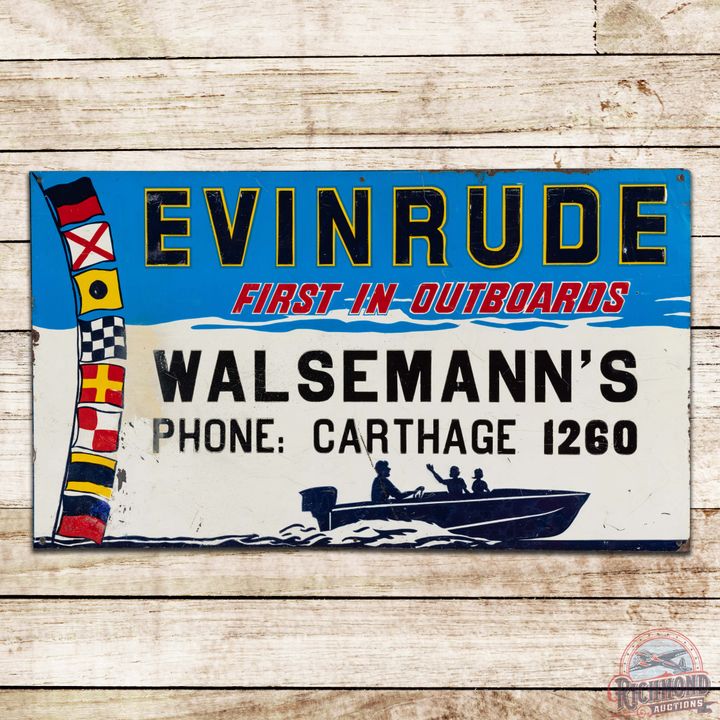 Evinrude "First in Outboards" Emb. Single Sided Tin Sign w/ Logo