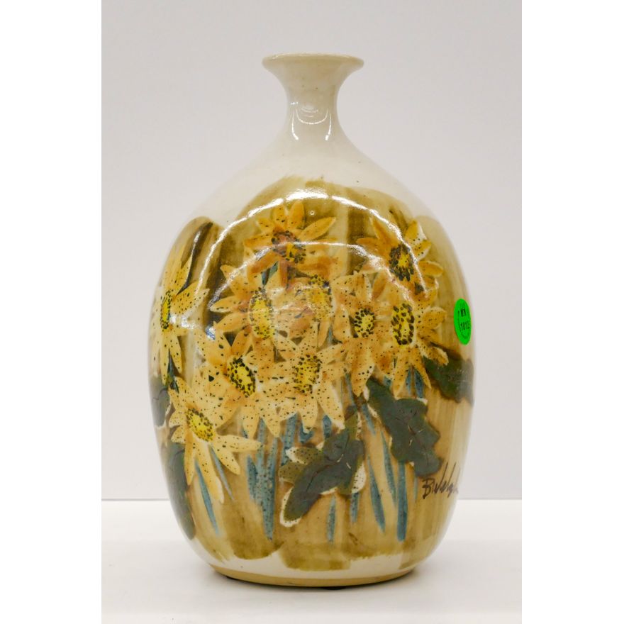 Bennett Welsh Pacific Stoneware Flower Decorated Vase 9''x5.5''