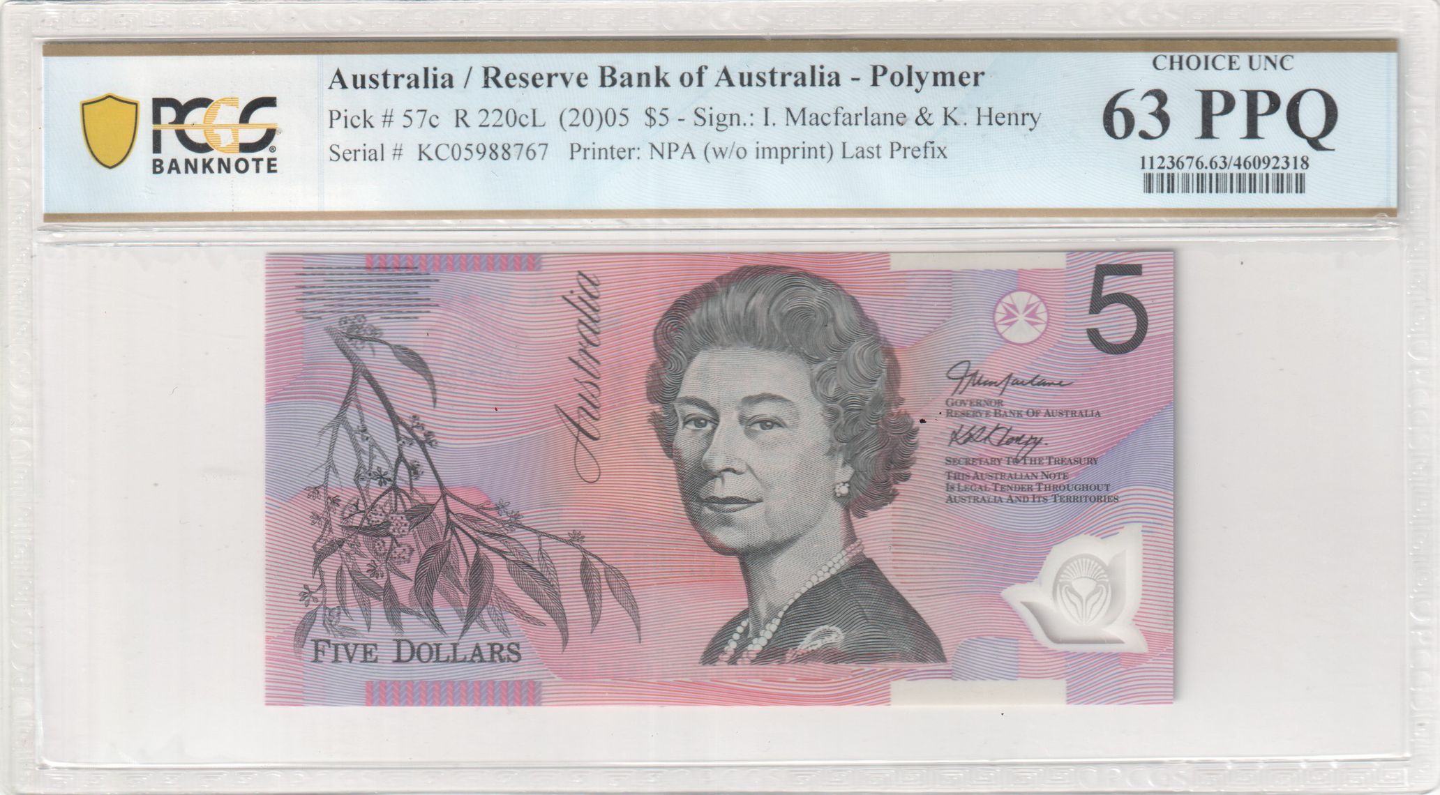 Macfarlane/ Henry, Last Prefix, Five Dollar, 2005, PCGS Choice UNC 63 PPQ
