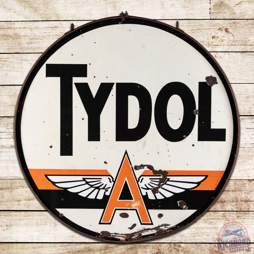 Tydol Flying A Gasoline 48" Double Sided Porcelain ID Sign w/ Logo & Ring