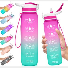 NATUREWORKS HYDROMATE 32 OZ WATER BOTTLE WITH TIME MARKINGS HOURLY BPA FREE REUSABLE LEAK PROOF WITH STRAW AND CARRYING STRAP 1 LI