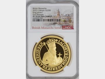 2022 ELIZABETH II BRITISH MONARCH SERIES 'KING JAMES I' GOLD 2oz PROOF £200 COIN PF70 UCAM
