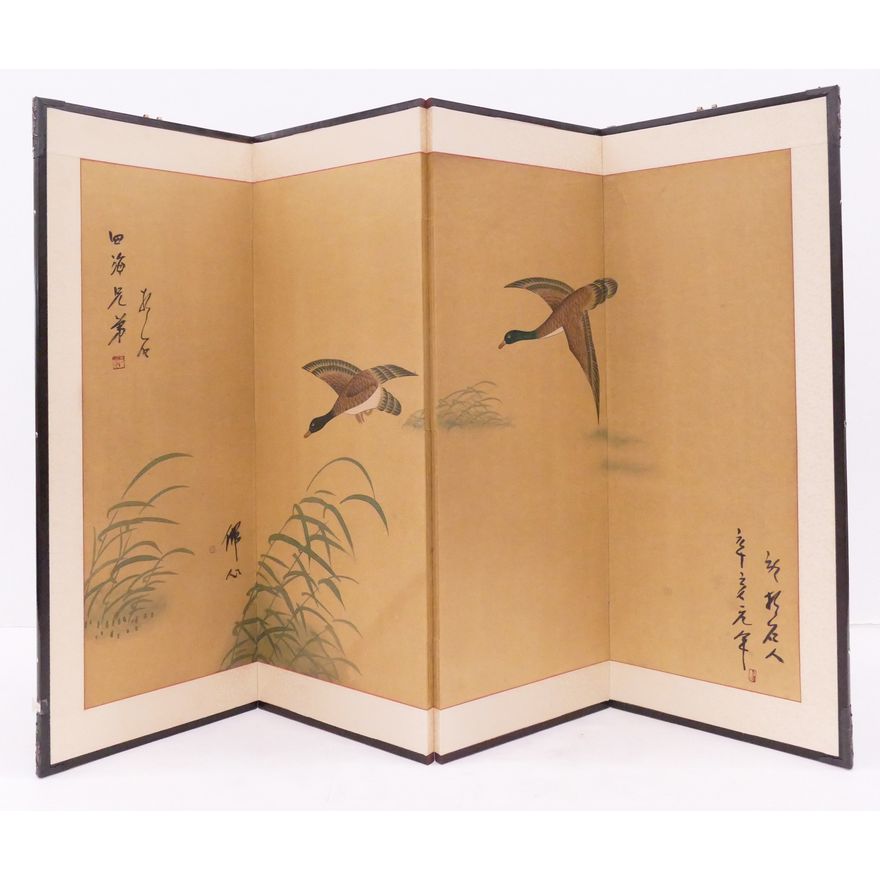 Japanese Ducks in Flight Painted 4 Panel Screen- 36x54"