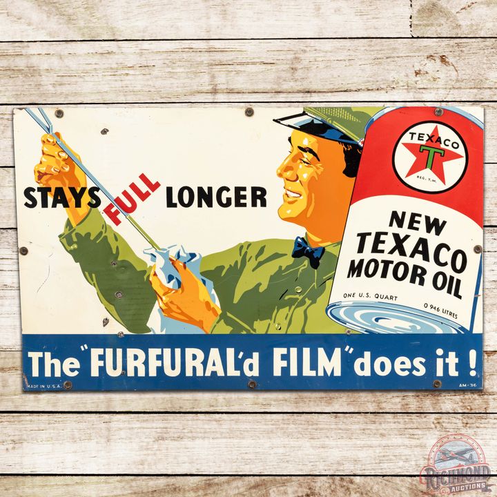 1936 New Texaco Motor Oil Stays Full Longer "Furfural'd Film" SST Sign w/ Attendant