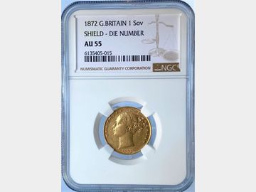 1872 VICTORIA YOUNG HEAD LONDON MINT #DIE 61 SHIELD GOLD SOVEREIGN AU55