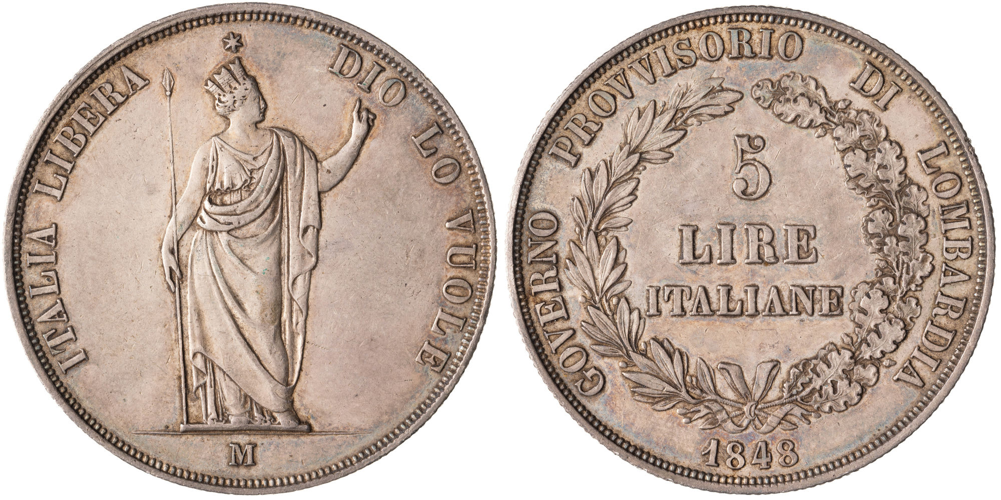 Italian States, Kingdom of Lombardy, Five Lire, 1848-M, VF