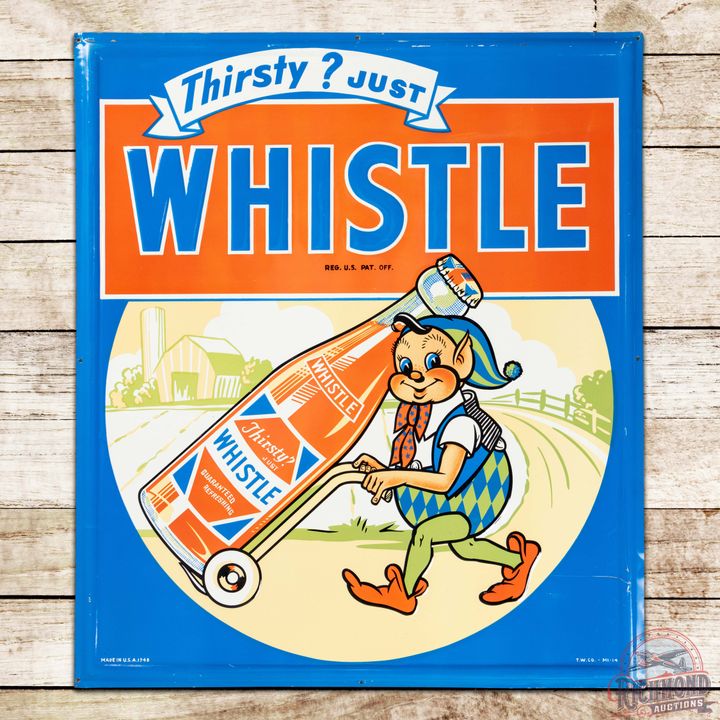 Superb Thirsty? Just Whistle Emb. Single Sided Tin Sign w/ Elf & Bottle