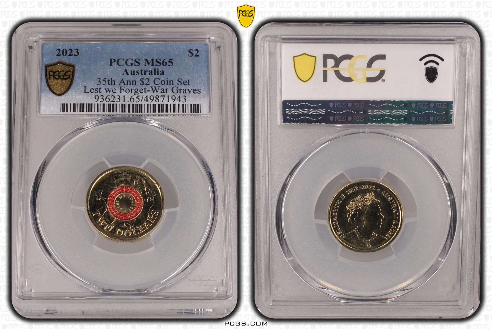 35th Ann $2 Coin Set Colourised Lest We Forget-War Graves, Two Dollar, 2023, PCGS MS65