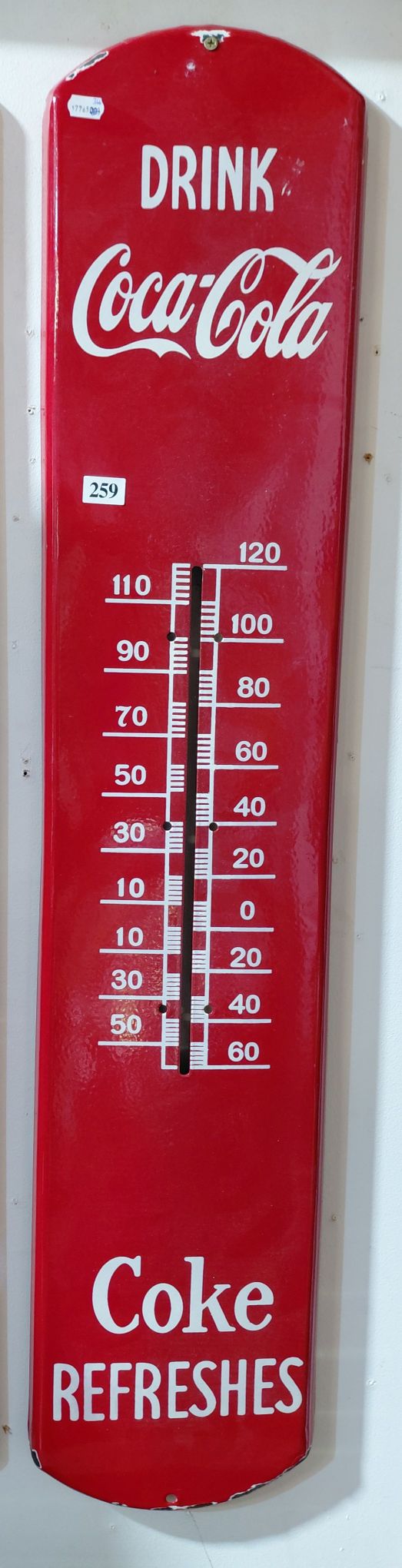 259 · ENAMEL COCA COLA THERMOMETER SIGN