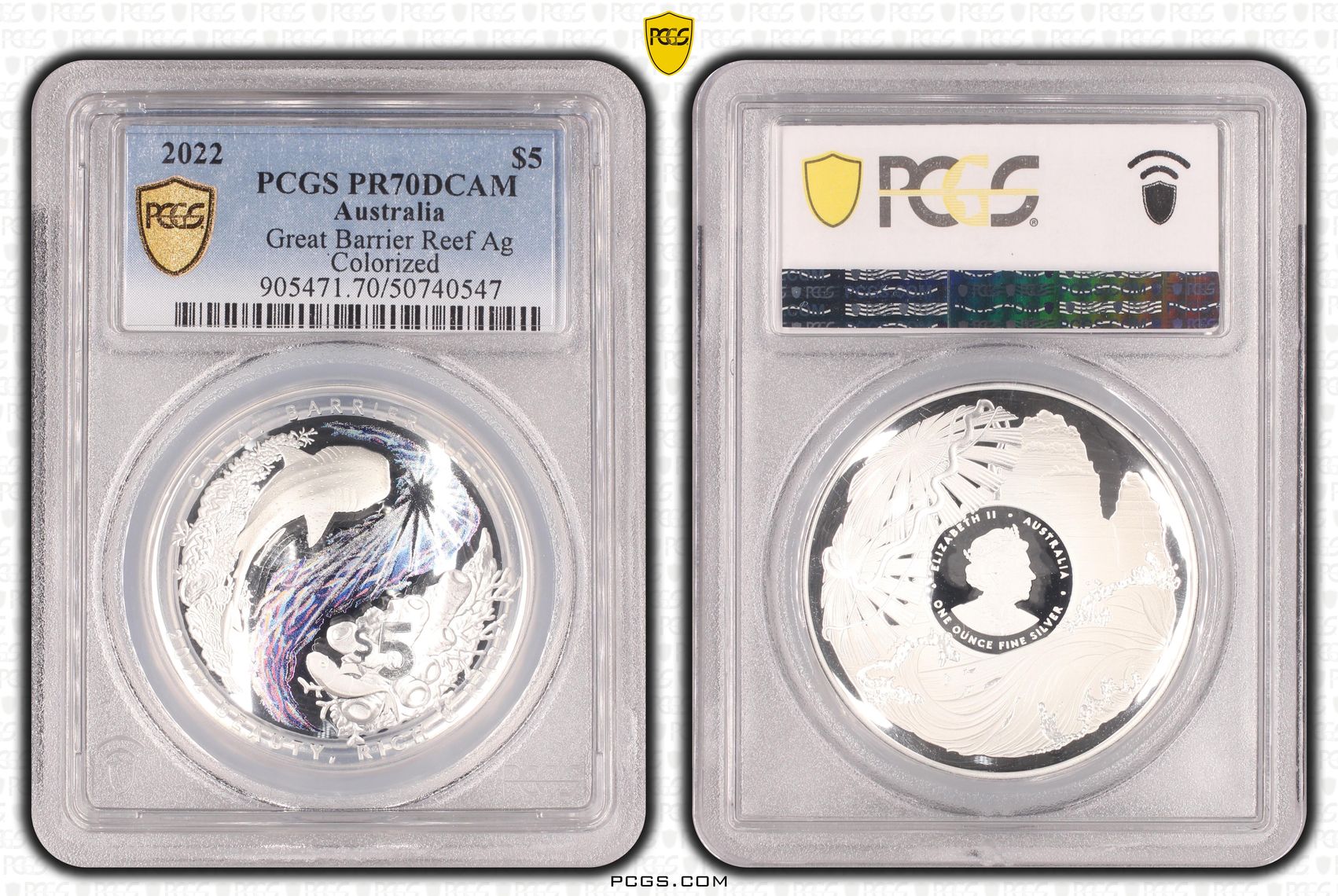 Great Barrier Reef Ag Colorized, Five Dollar, 2022, PCGS PR70DCAM
