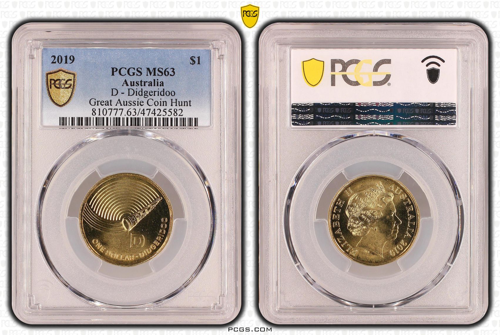 D- Didgeridoo Great Aussie Coin Hunt, One Dollar, 2019, PCGS MS 63