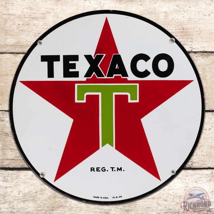 Superb 1946 Texaco Motor Oils 15" Single Sided Porcelain Sign "White T"