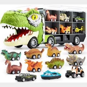 JOYIN 13 IN 1 DINOSAUR TRUCK TOYS FOR KIDS 3-5, 12 PULL BACK DINOSAUR VEHICLES, TRANSPORT CARRIER TRUCK, MUSIC & ROARING SOUND, LI