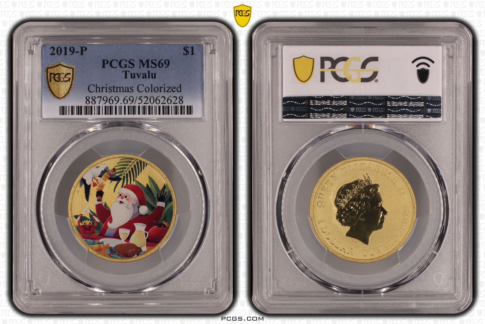 Tuvalu, Elizabeth II, Christmas Colourised, One Dollar, 2019-P, PCGS MS69