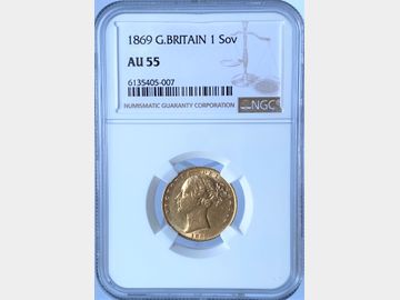 1869 VICTORIA YOUNG HEAD SHIELD GOLD SOVEREIGN AU55