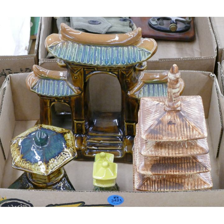Box Japanese Brown Pottery Pagodas etc.