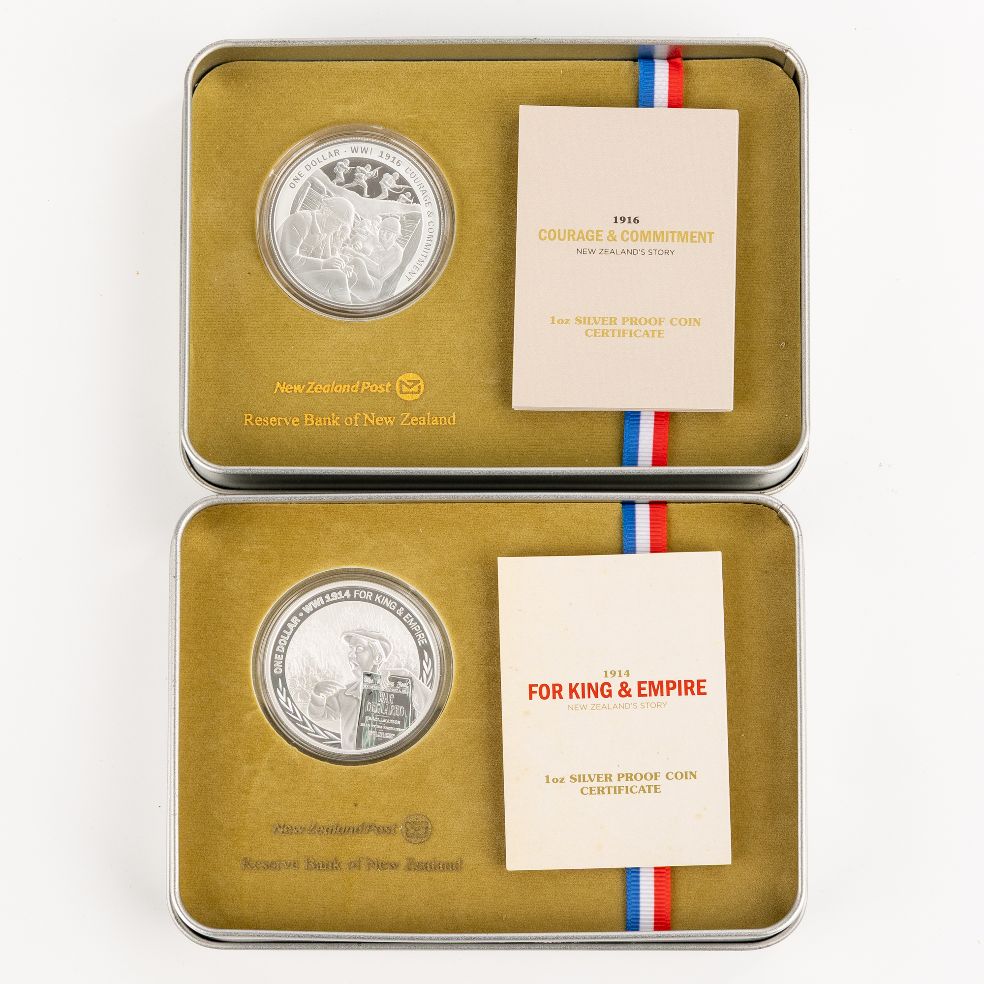 New Zealand, End of WWI Anniv. 1oz Silver Coins, One Dollar, 2014 - 2016, FDC