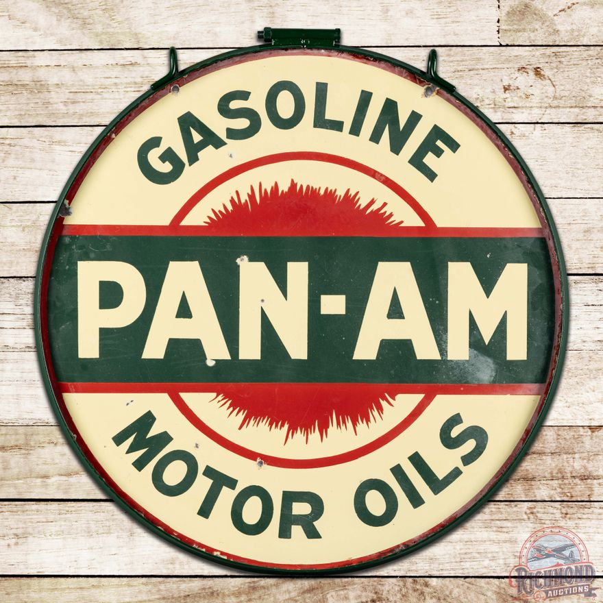 Pan-Am Gasoline Motor Oils 30" Double Sided Porcelain Sign w/ Ring