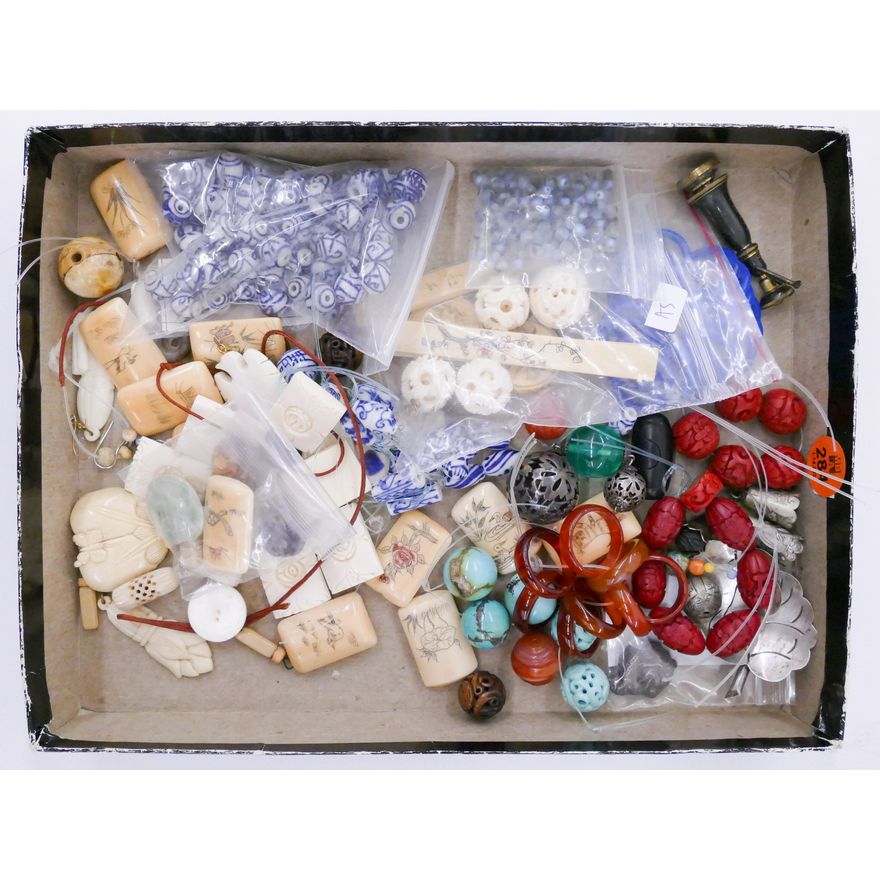 Box Old Chinese Glass & Stone Beads