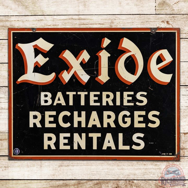 1938 Exide Batteries Recharges Rentals Double Sided Tin Sign