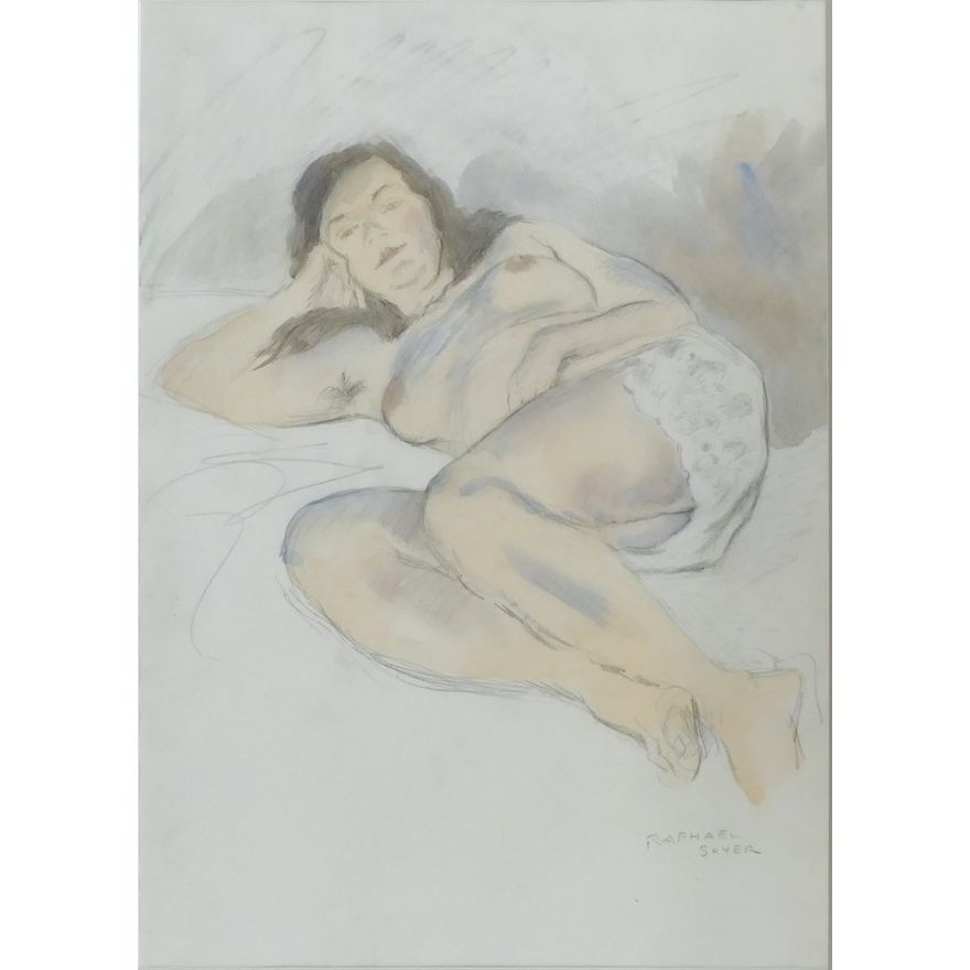 Raphael Soyer ''Reclining Nude'' Watercolor & Graphite Framed 28''x22''