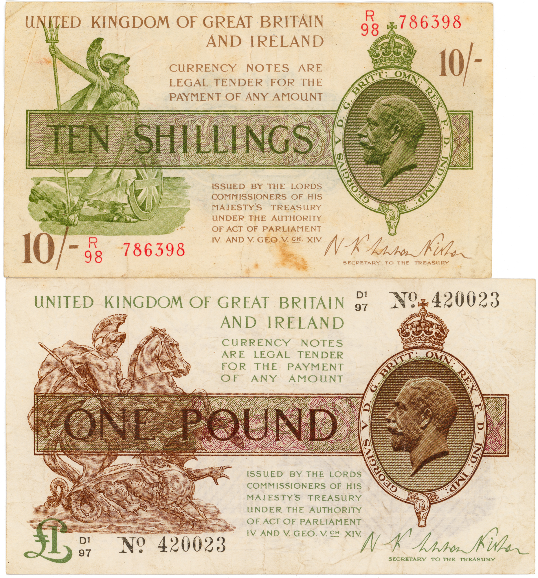 Great Britain, George V, Ten Shillings - One Pound, 1919 - 1923, aVF