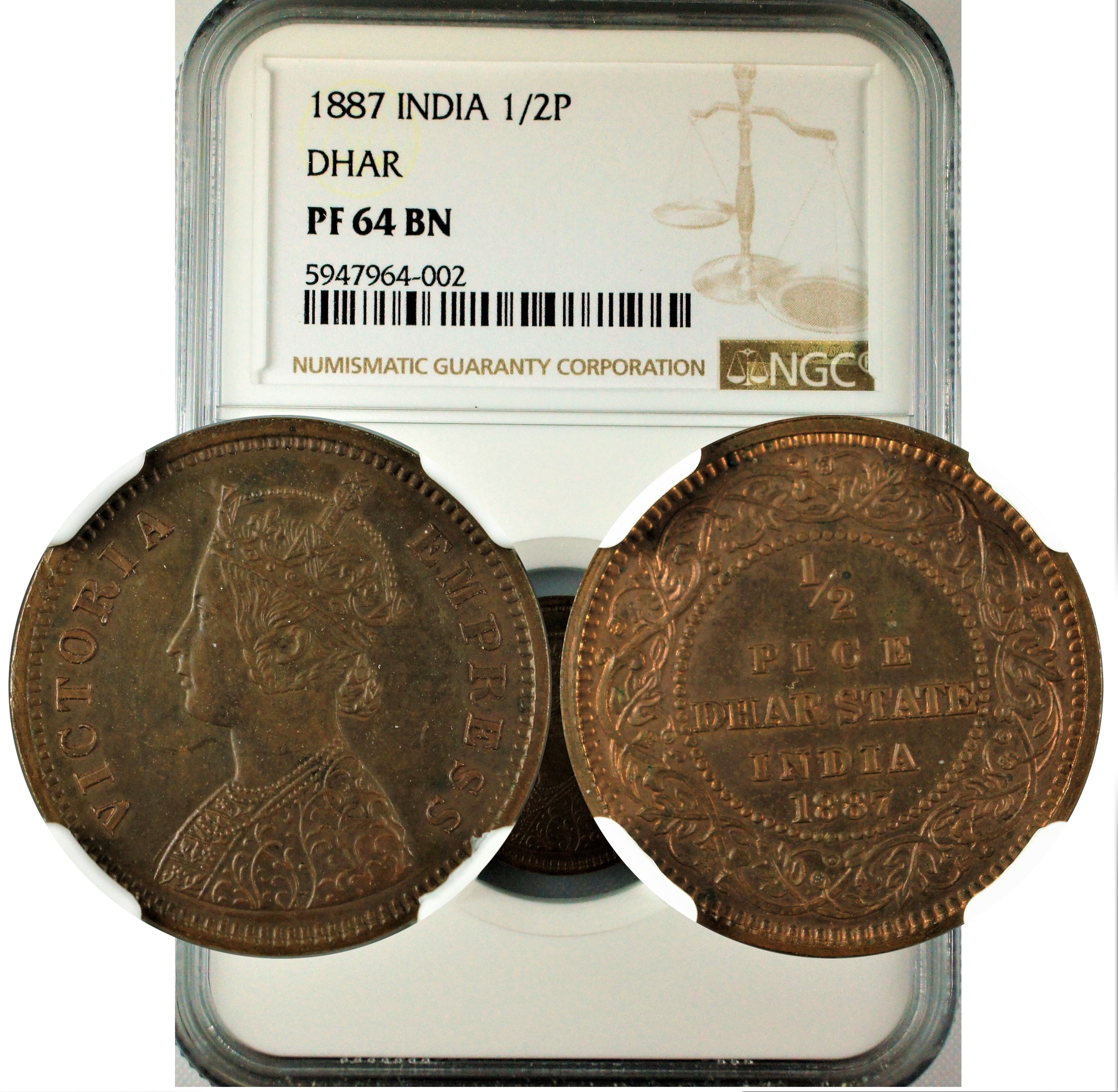 India Dhar State 1887 1/2 Pice Original Proof NGC PF64 BN