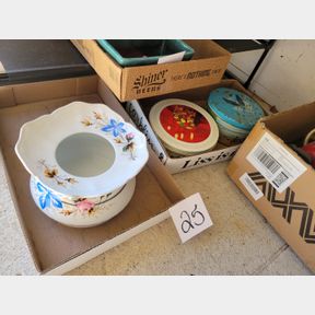 2 Boxes of hand painted large China bowl and metal containers