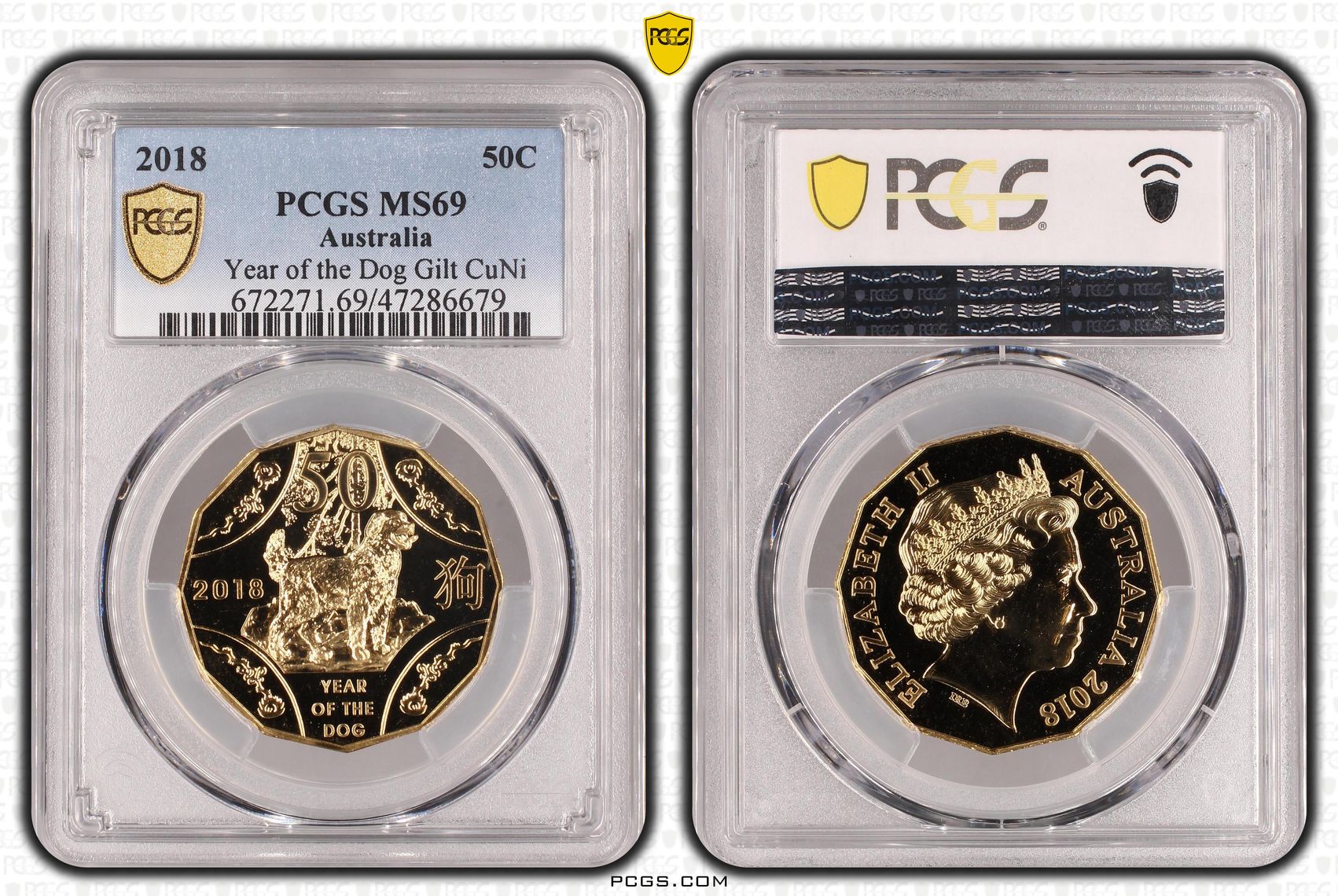 255 · Elizabeth II, Year of the Dog Gilt CuNi, Fifty Cent, 2018, PCGS MS69