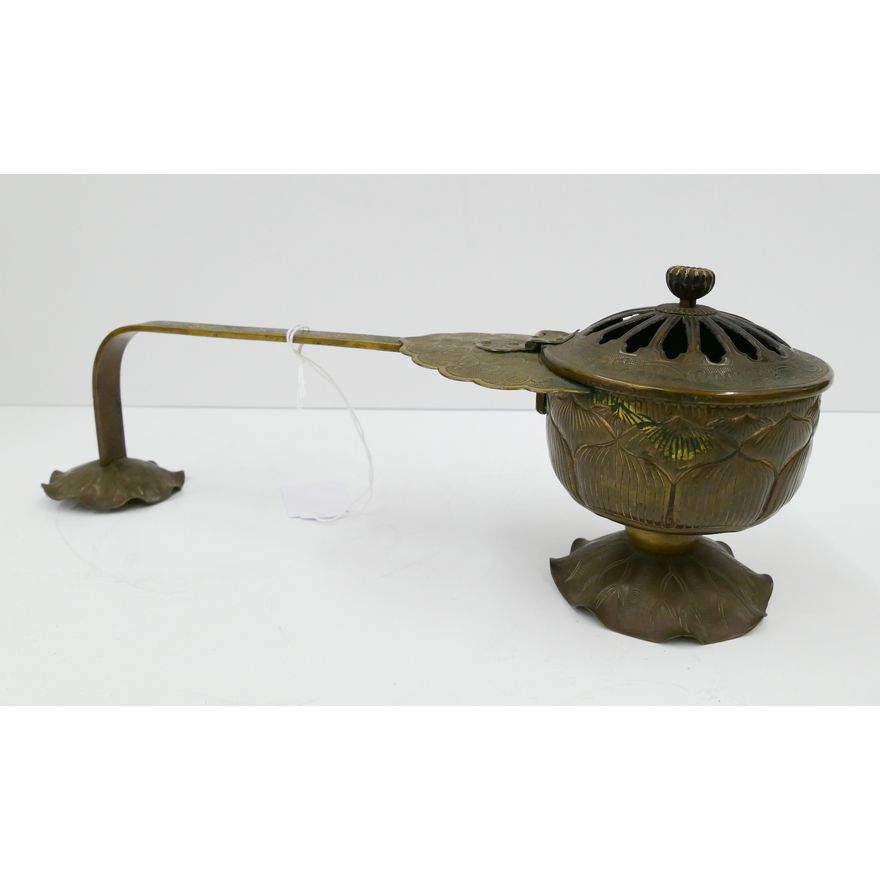 Old Chinese Metal Lotus Handled Censer- 12''