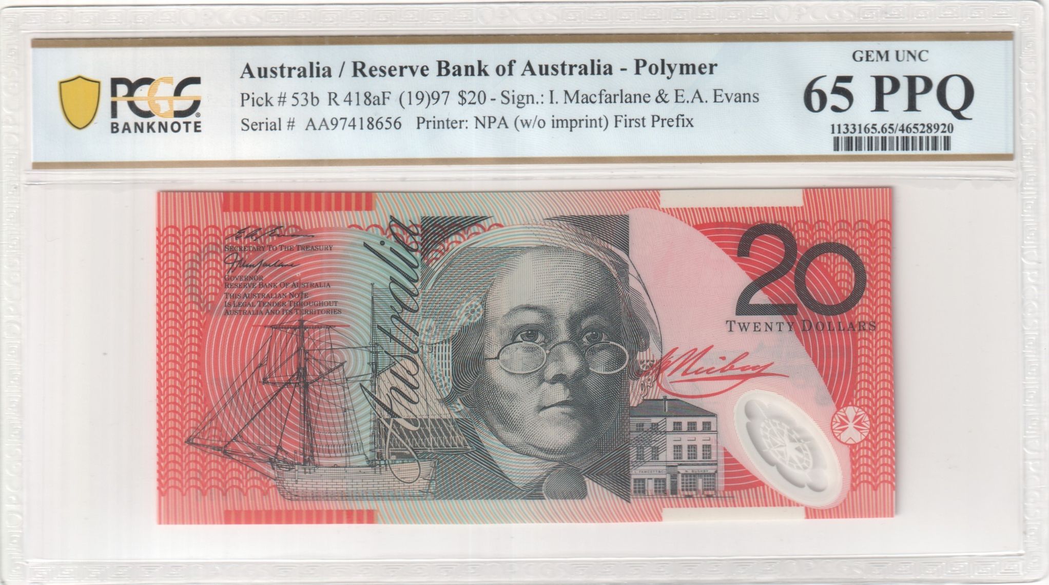 Macfarlane/ Evans, First Prefix, Twenty Dollar, 1997, PCGS Gem UNC 65 PPQ